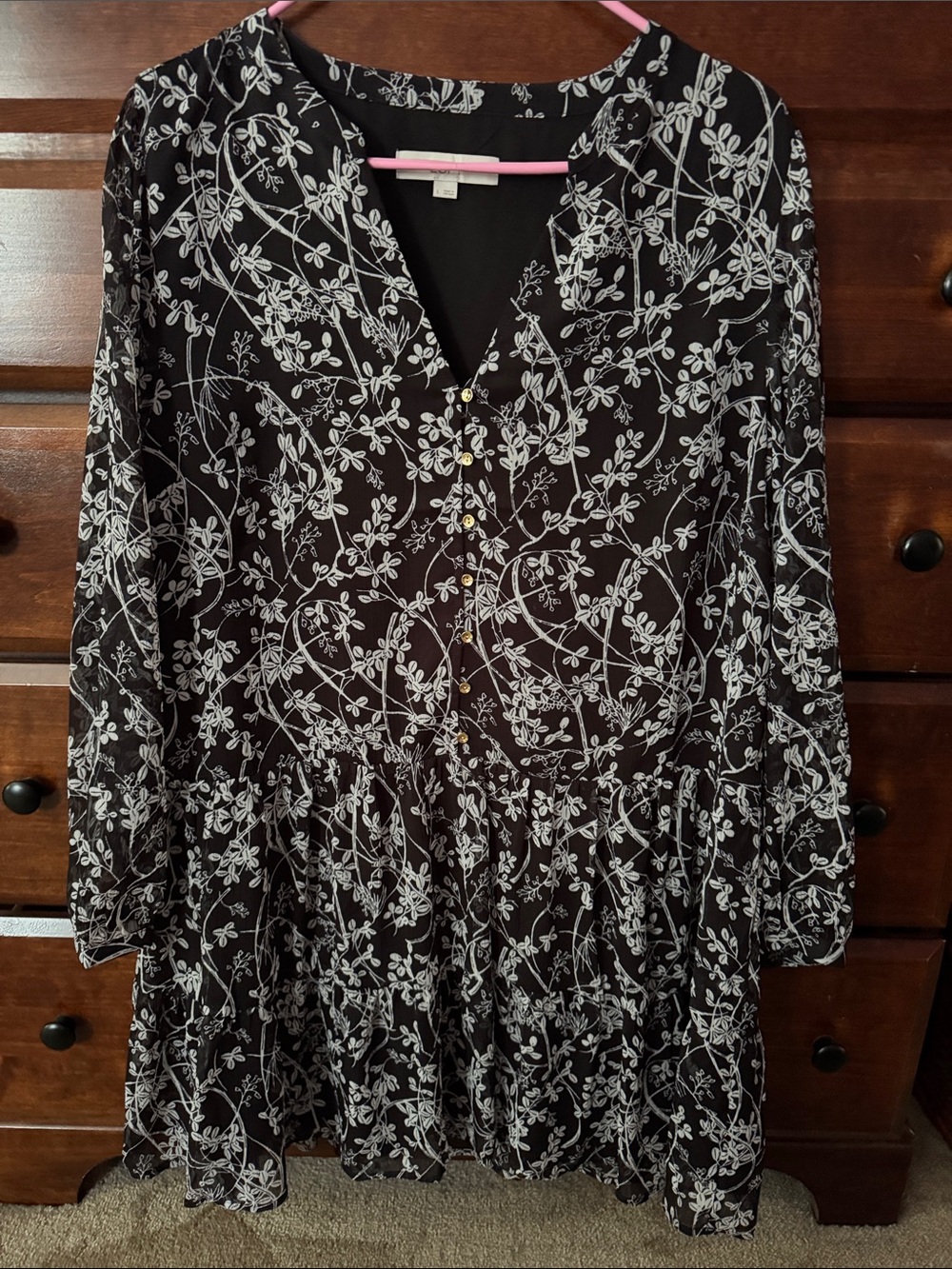 LOFT Black Floral V-Neck Long Sleeve Dress